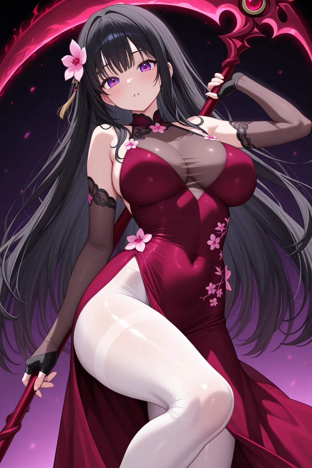best quality, character design sheet, adult woman、No hat on, Black and pink hair, whole body, Head to Toe, Fortuneteller、Standing facing forward, Beautiful black dress, long Black Hair, Pure white background, from front, best quality, Cherry blossom pattern、Japanese、Adult Japanese、Clear eyes、Standing facing forward、The face is facing forward、holding a magic card in hand、White background、Black western dress、Neutral face、Black hair with pink inner color