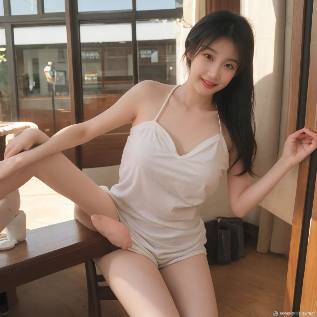 Lisa Blackpink, ((European pre-teen)), excited girl, tiny nightgown, white tights up to the waist, no panties, vagina with small hairs, close-up from thighs to face, shot from below, very fair skin, very long hair, wavy hair, blonde hair, Garden, sunrise, photorealistic, Indirect lighting, volumetric light, ray tracing, hyper-detailed, best quality, ultra-high resolution, HDR, 8k