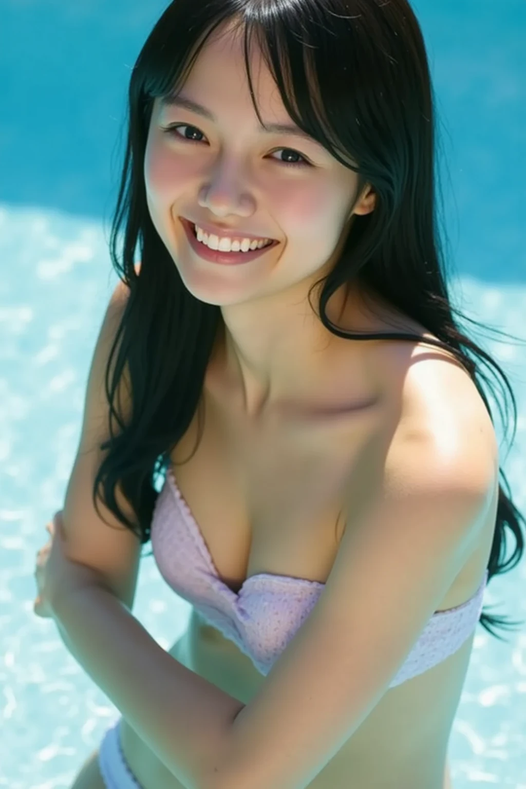 A 40-year-old Japanese woman in a bikini with a great figure and large chest, smiling confidently at the camera. Ensure high resolution with detailed skin texture and realistic lighting. The background should be a serene beach or poolside setting, capturing a bright summer atmosphere. Pay close attention to photorealistic elements, such as the glint of sunlight on her skin and the natural folds in the bikini fabric.