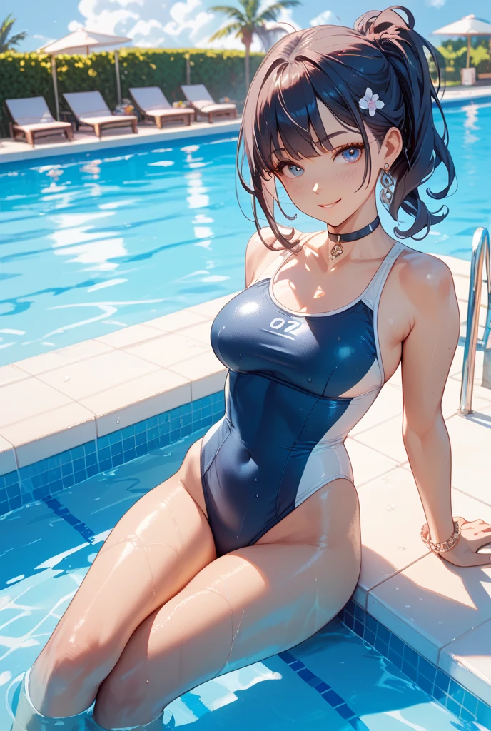 (8k、Best image quality、highest quality、masterpiece)、Detailed face、Detailed limbs、16-year-old girl、Black Hair、Very short bob cut、A rounded bob hairstyle that follows the contours of the face、Blunt bangs、Grey Eyeedium Chest、Big Ass、One piece swimsuit、Sitting by the pool、Spread your legs wide、It emphasizes the crotch、showing crotch。The blue sky、Pool Background