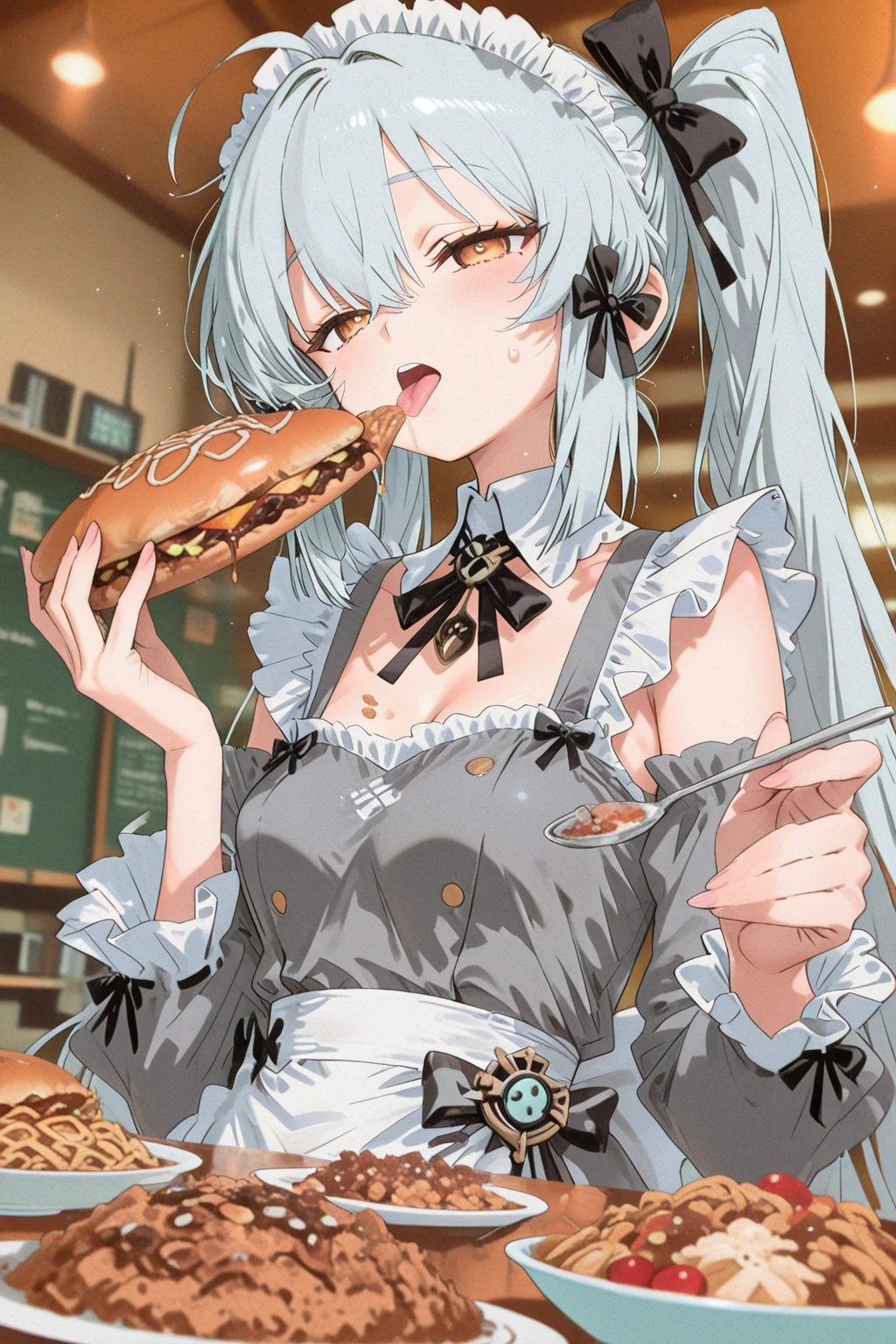 masterpiece, best quality, highres, 1girl, solo, sdsHel, multicolored hair, horns, crown, bare shoulders, white dress, armored dress, single glove, <lora:hel-nvwls-v1:0.9>, street market, vibrant stalls, aromatic street food, bustling,<lora:add_detail:0.5>