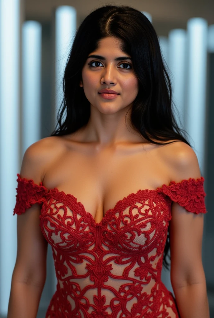 Danish Indian mixed, medium closeup, 1girl, solo, natural breasts, medium breast, cleavage, wide hips, wide butt, fit stomach, long detailed eyelashes, (detailed eyes), full lips, (detailed skin texture:1.1), (minimum hair, realistic hair:1.2), HAIR: (black hair, textured lob, ponytail),  
CLOTHING: (red off-the-shoulder dress), BREAK;
LOCATION: bedroom, daytime, (looking at the viewer), passionate look, soft lighting, depth of field, (photorealistic), Ultra High Definition, Raw Photo,
