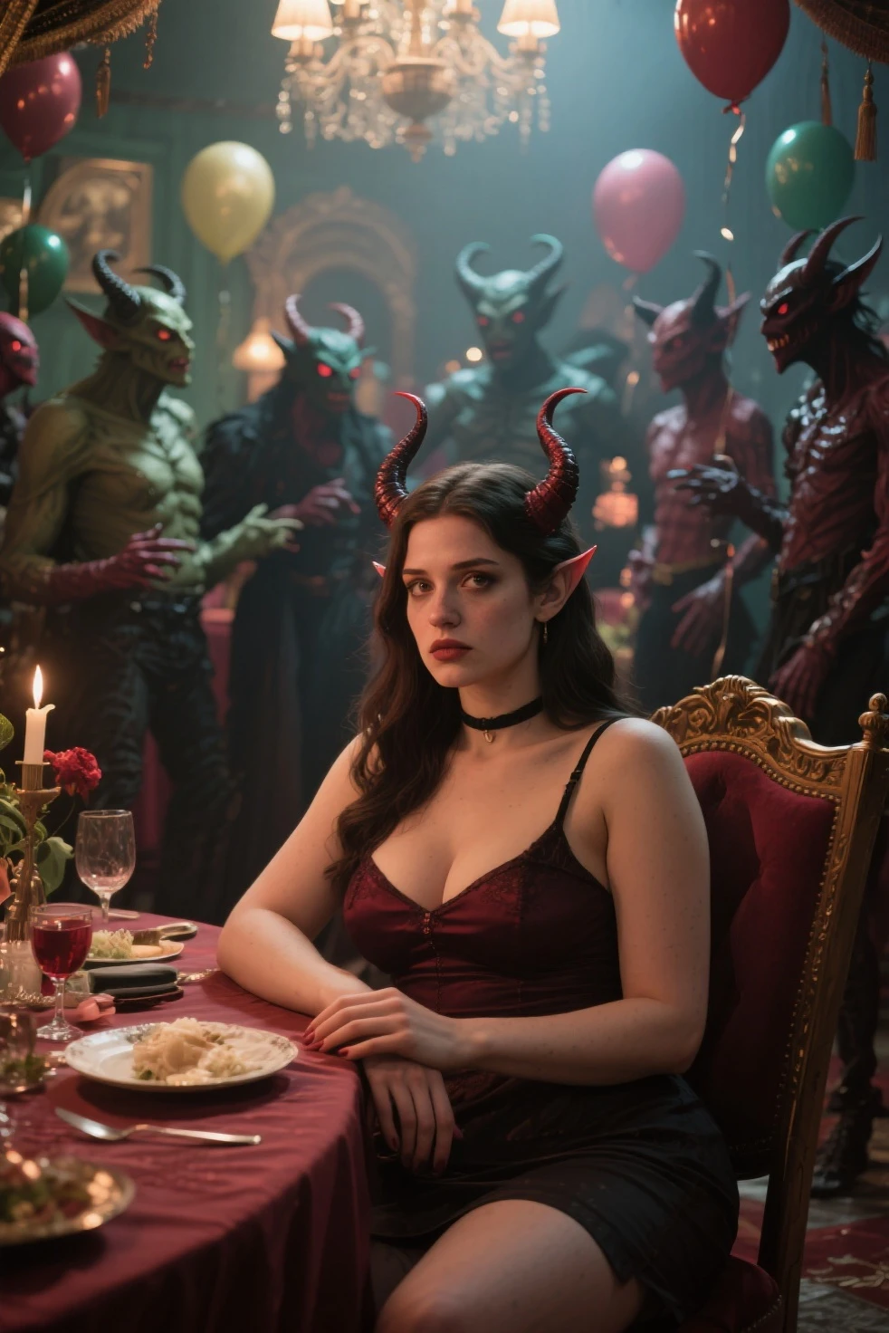 score_9, score_8_up, score_8,score_7, realistic, 1girl,full body , church of satan, dread, , short dress, sitting on alter table , looking at viewer, medium format film, film grain, , low light, dramatic lighting, darkness, BREAK crowd of men in the background