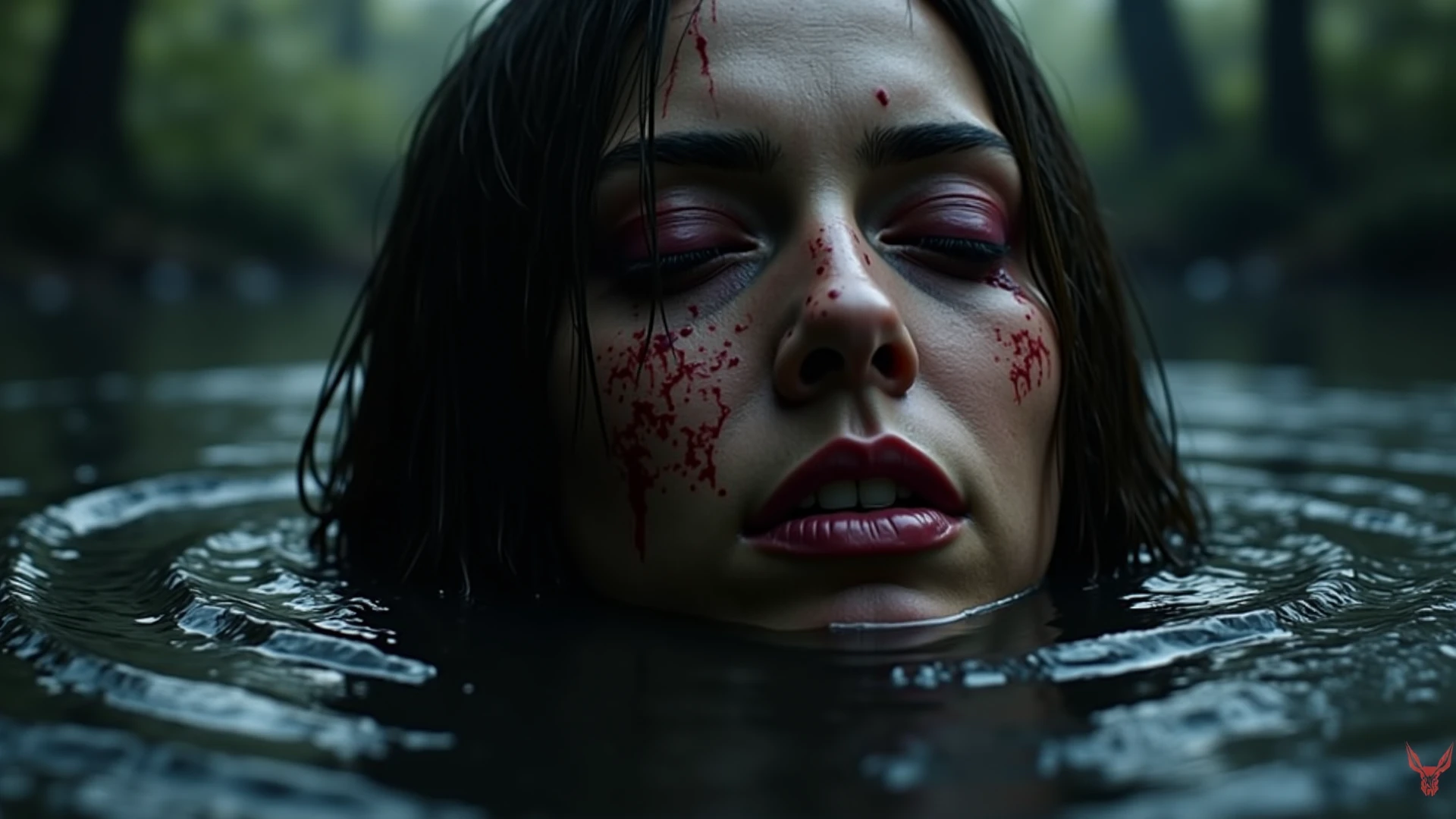 A woman's face reflected in a blood-red pool of water, her features contorted in silent terror. Behind her, a shadowy figure reaches out from the depths, its claws glinting in the moonlight.