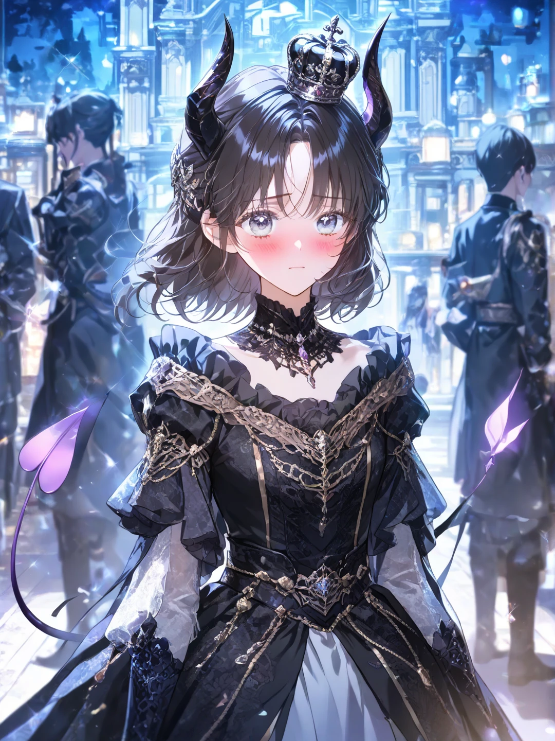 Halfbody shot, cinematic, gorgeous purple lighting, high contrast light and shadow, night time, (masterpiece, best quality:1.2), highly detailed, manhwa dark palace background, (solo focus), (depth of field:1.2), absurdres, highres, soft lighting, soft shadows, {1girl, human loli, sweet and submissive expression, soft short dark hair and grey eyes, shorter, youthful face, young girl, soft shy blushing, cute black royal dress, horns out of head, crown on head, devil tail}