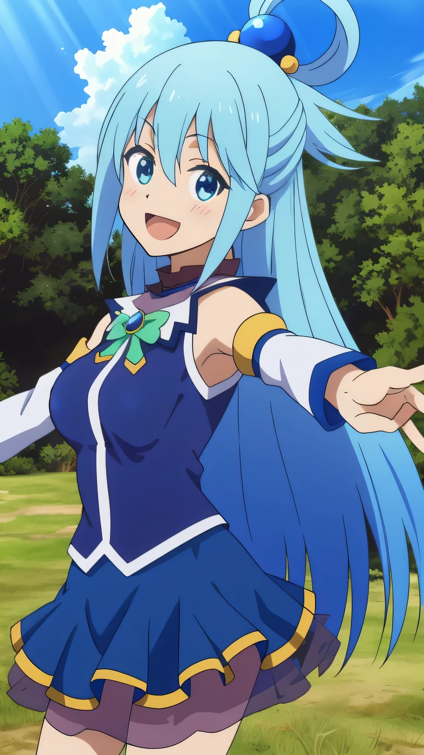 {{{masterpiece}}}, (best quality:1.5), (ultra-detailed:1.5), {illustration}, {{an extremely delicate and beautiful}}, (beautiful detailed eyes:1.6), absurdres, highres, extremely detailed face, 16k, hd, visual anime de uma jovem mulher, extremamente bonito rosto de anime, anime melhor garota, (perfect hands, perfect anatomy), (five fingers:1.1) anime face, aqua (konosuba), 1girl, cute face, long hair, blue eyes, hair ornament, very long hair, blue hair, half up, bangs, sidelocks, hair rings, hair bobbles, large breasts, big hips, curvaceous, BREAK, blue vest, shirt tuck out, white collar, green bow, bare shoulders, detached sleeves, white sleeves, (blue skirt:1.2), mini skirt, BREAK, INCOMING HUG, INCOMING KISS, blush, sorriso alegre, open mouth, looking at viewer, (outstretched arms:1.3), open hand, palm, visual anime de uma jovem mulher, extremamente bonito rosto de anime, anime melhor garota, outdoor, sky, daytime, forest, field, (three-quarter view:1.5), (bust shot:1.5)