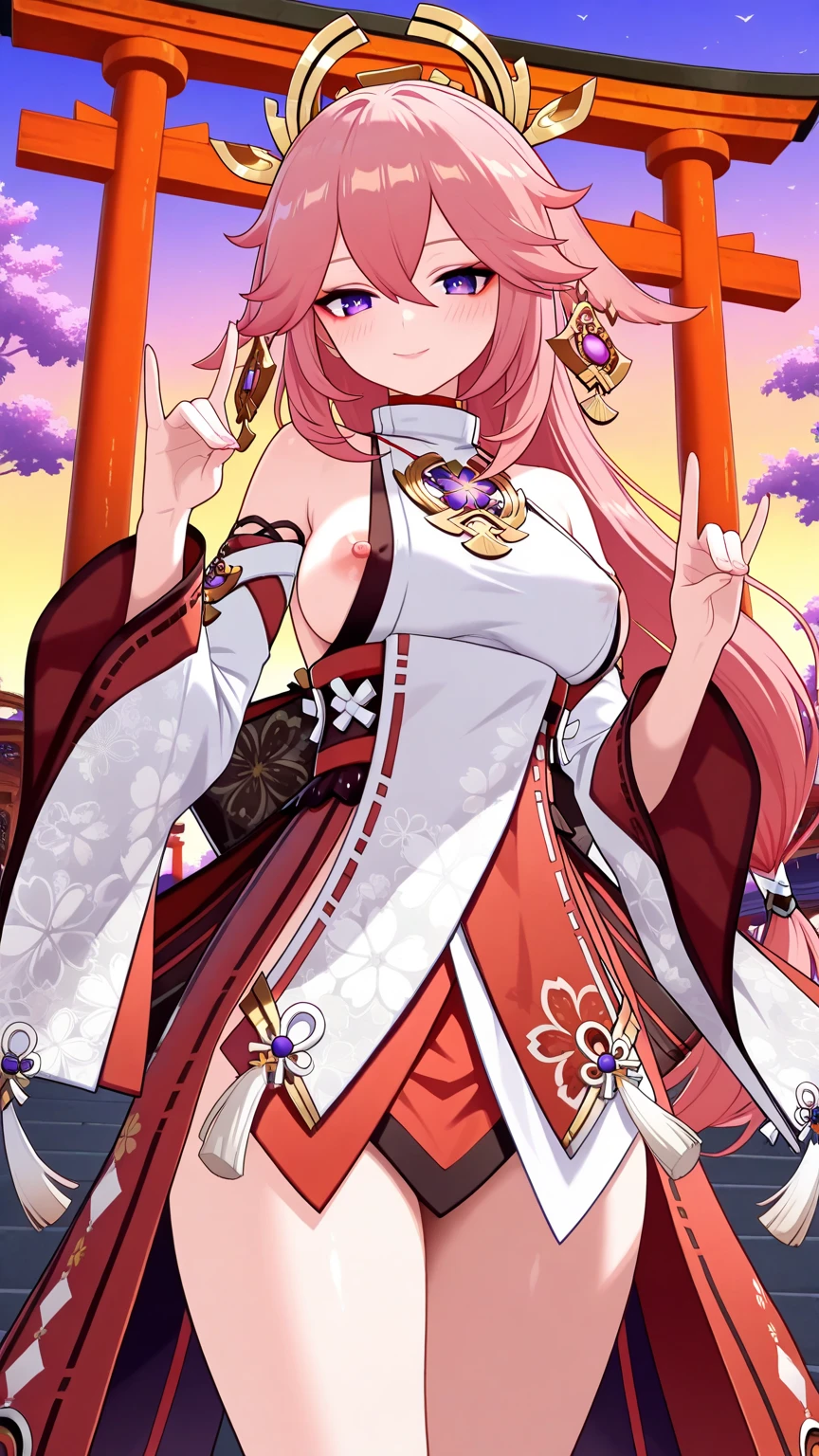 masterpiece, best quality, very aesthetic, absurdres, 1girl, mature_lady, in Desert ,Mummy_clothes, bandage_clothes, bandaged_chest, bandaged_fingers, bandaged_hand, bandaged_head, bandaged_neck, bandaged_thighs, bandaged_pants, bandages cover body, ,Yae Miko,Yae Miko(genshin impact), long pink hair, fox ears , purple eyes, a large gold ornament,,in Desert, Desert Princess,surrounding by flowers,falling_petals, outdoors, petals,,,blur background,background defocus,