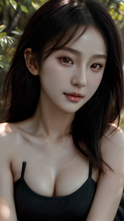 Rose from black pink, (full body), "({{1girl:1.1}} {{straight black hair:1.2}}), (artistic + masterpiece:1.4), (incredibly detailed eyes), wearing medieval long cotton nightie clothes)", Drenched hair,The background is a forest, sunset,Lazy expression, Masterpiece: 1.3), (8k, Photorealistic, Photo RAW, Best quality: 1.4), (Ultra high realism), (Ultra high definition), (Ultra high detail), (Increase contrast), (Increase saturation), Beautiful face, (Realistic face), Beautiful hairstyle, Realistic bright amber eyes, Beautiful details, (Realistic skin), Pale, smooth and luminous skin with iridescent shine and no imperfections, Ultra high definition, Ultra realistic, Highly detailed, (Cleavage: 0.8), sitting on a rock, feet in the water, (masterpiece, best quality, award winning, highres), skinny, intricate and beautiful design, highly detailed beautiful face, super detailed beautiful eyes, light smile, sitting near stream, forest, leaves flow, windy, sun lights through forest, fantasy art, dynamic lighting, cinematic lighting, extremely CG detail, octane render, (natural skin texture, soft light, sharp:1.2)