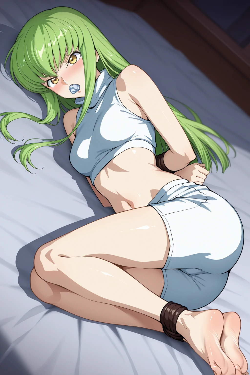 (((masterpiece,Highest quality:1.3))),nsfw,ass pov,having sex,man on top,cowboy shot,1woman,30 year old beauty、独奏,((very small head:1.4)),green hair,(low ponytail),long hair,blunt bangs,green eyes,gorgeous eyes,tears,Pain、medium breasts,((very long body:1.4)),(toned body,slender body,skinny),gleaming skin,shiny skin,sweat,naked,nipples,navel、vagina,(Blood spurting from the vagina:1.5),vaginal penis,lying,on back,spread legs:1.5,Simple bed、Dimly lit motel room、World of Blade Runner、from adove,