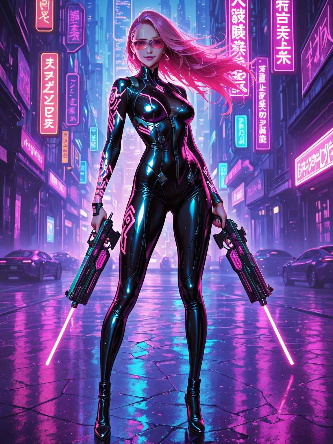 (best quality, masterpiece) scifi, futuristic, raw photo, 1girl with sexy laces clothes, (pink glossy hair) angry look, ultrasharp, (outline contourn) luminous paint, ultrasharp, particles, flares, neon Tokyo street background, many details in an amazing composition