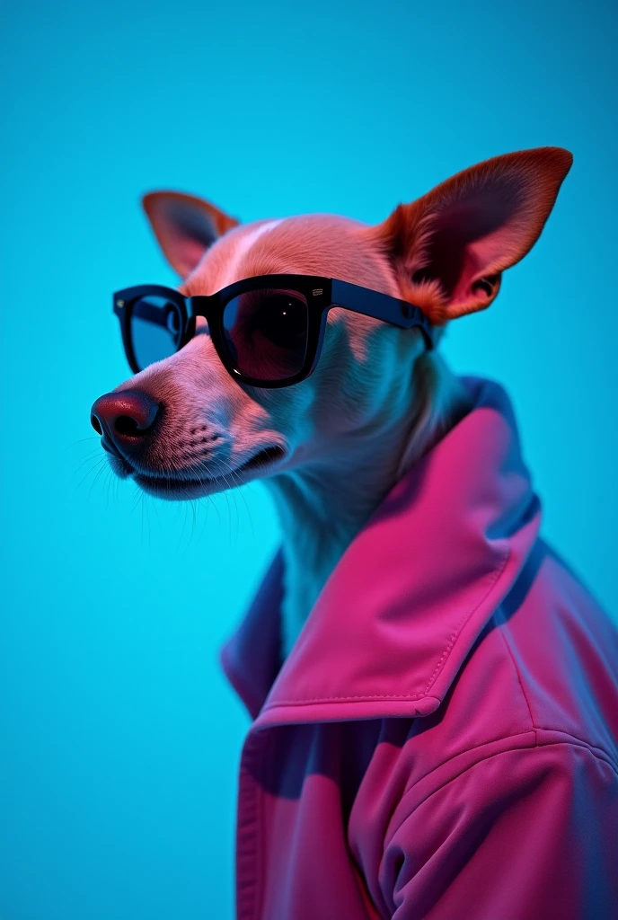 The best cell phone wallpaper, Award-Winning Wallpaper, portrait photography, In the front view is a portrait of a cute dog wearing mid-1960s space age fashion, Side view photo, Shot with Canon EOS R5, Set a strong contrast that accentuates the subject, Fluorescent blue tone, Wearing a very modern coat and sunglasses is a modern 1960s style, Clothes all in one color, beautiful background
