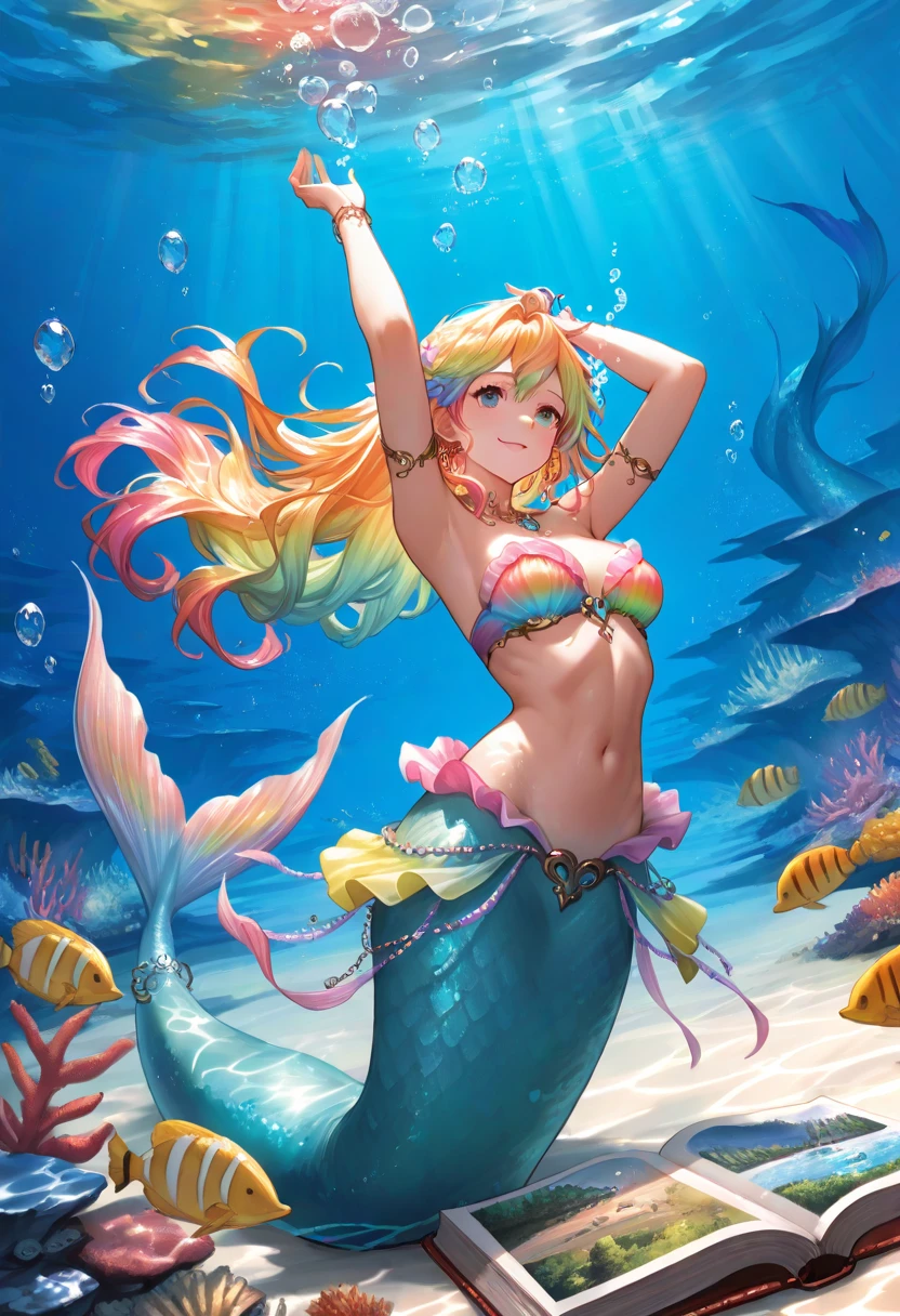 masterpiece, best quality, extremely detailed, Mermaid girl, blonde, fluffy hair, long hair, underwater, many fish,