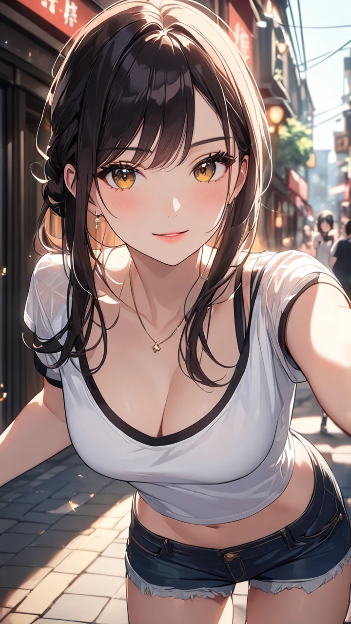((masterpiece, best quality, highres, UHD, perfect pixel, depth of field, 4k, RTX, HDR))), 1girl, single, solo, beautiful anime girl, beautiful artstyle, anime character, 24 years old, ((long hair, bangs, dark brown hair, curly hair:1.4, hair pin)), ((detailed face, blushing:1.2)), ((detailed eyes, anime eyes style, beautiful eyes, green eyes:1.8, sparkling effect)), ((smooth texture:0.75, realistic texture:0.5, anime CG style)), ((medium breasts, cleavage)), dynamic angle, busty, perfect body, ((close up, POV, cute, shot on face, holding hand)), ((casual clothes, white sweater, skirt, the bra is visible from inside the sweater)), outdoor background, absurd background, bokeh:1.4, night, crowd, night lights, city building