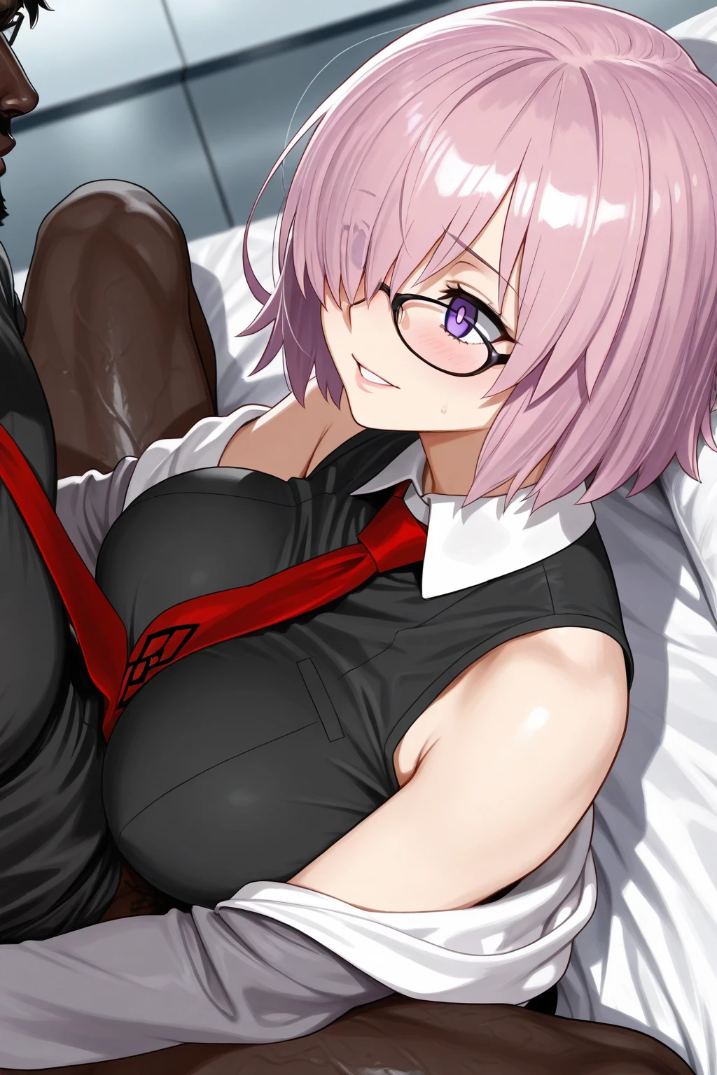 who is 12 years old height 1.49 that he brings money pink hair black glasses rose eyes an extremely blushing naked girl who is an extremely shy girl a bed that they are making love to her that he is on top of him his penis slowly entering her vagina