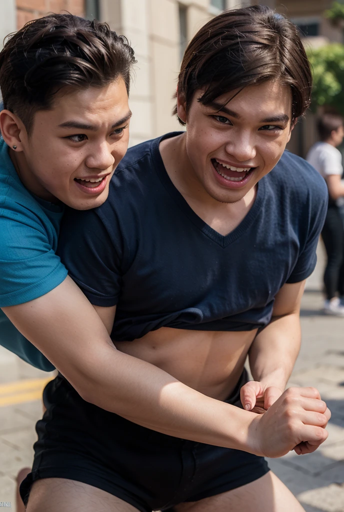 Still image of a handsome young man,cute,Thai,Two white 18 year old teenagers were fighting in the middle of the market., Both of them were wearing only underwear., Image taken with Panavision DXL2., 28 mm lens, play, High quality, very detailed, 8k resolution,There were friends in the back cheering.