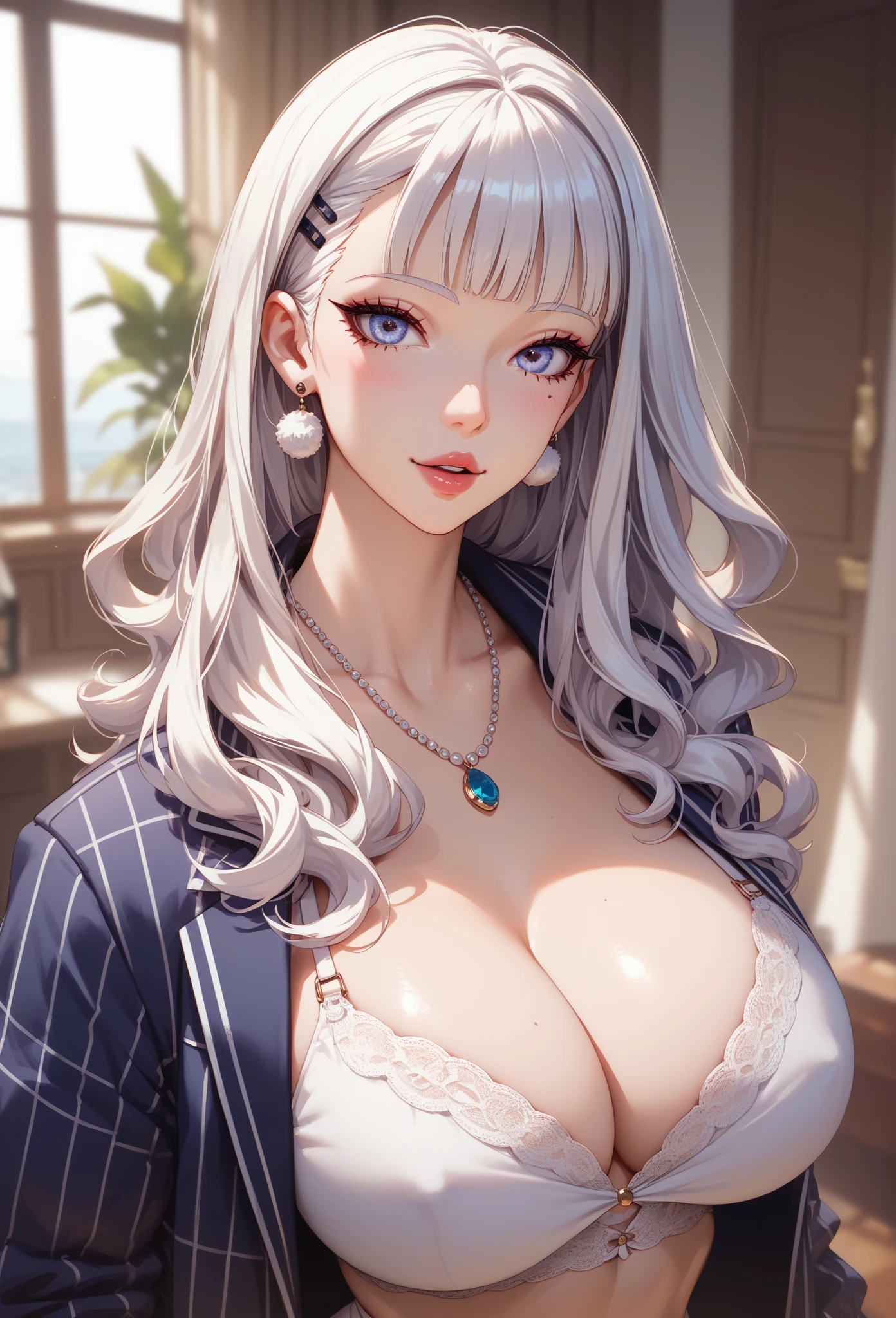 1girl, baiyi, bangs, black choker, black gloves, blue eyes, cleavage, earrings, fingerless gloves, grey hair, high ponytail, black background, jacket, jewelry, large breasts, long hair, looking at viewer, nail polish, parted lips, smile, red lips, purple nails, solo, upper body,[[realistic]],(shiny skin),(masterpiece:1.4),(best quality:1.4),gigantic breasts, pink lips