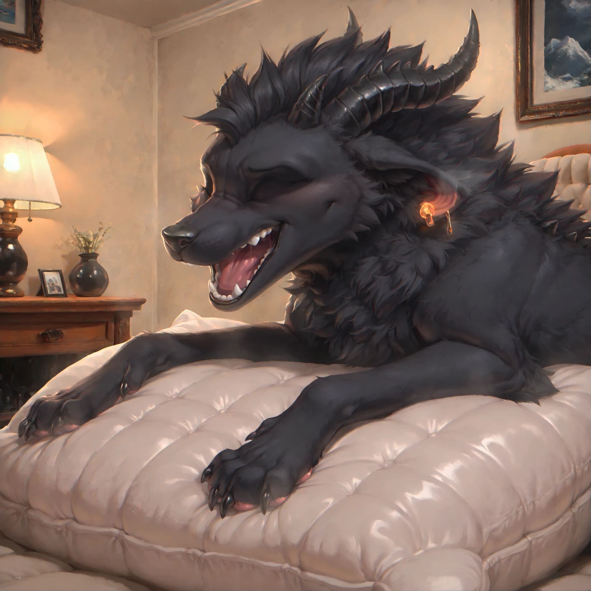 Masterpiece,Best Quality,High resolution, 4k, 8k,Oil painting,detailed painting,detailed shadows. ((Feral:1,feral,furry,male,solo,feralized, Quadruped form,snout,spinous anatomy,spiked head,spiked back,small black pointed horns,mammal,black skin,inner light black skin,fluffy fur,fur tuft,fur texture:1,detailed fur,neck tuft,eyeless,featureless face,empty dark sockets,grotesquely extended jaw,mouth stretching from ear to ear,unnaturally wide mouth,distorted facial proportion,silly face,blerp)). Looking a pillow,pawpad touching the pillow,smug,sitting, three-quarter view,mattress, living room background,detailed background,spotlights, table, chair, extra objects in the background, dim light,close-up,zonkpunch style.