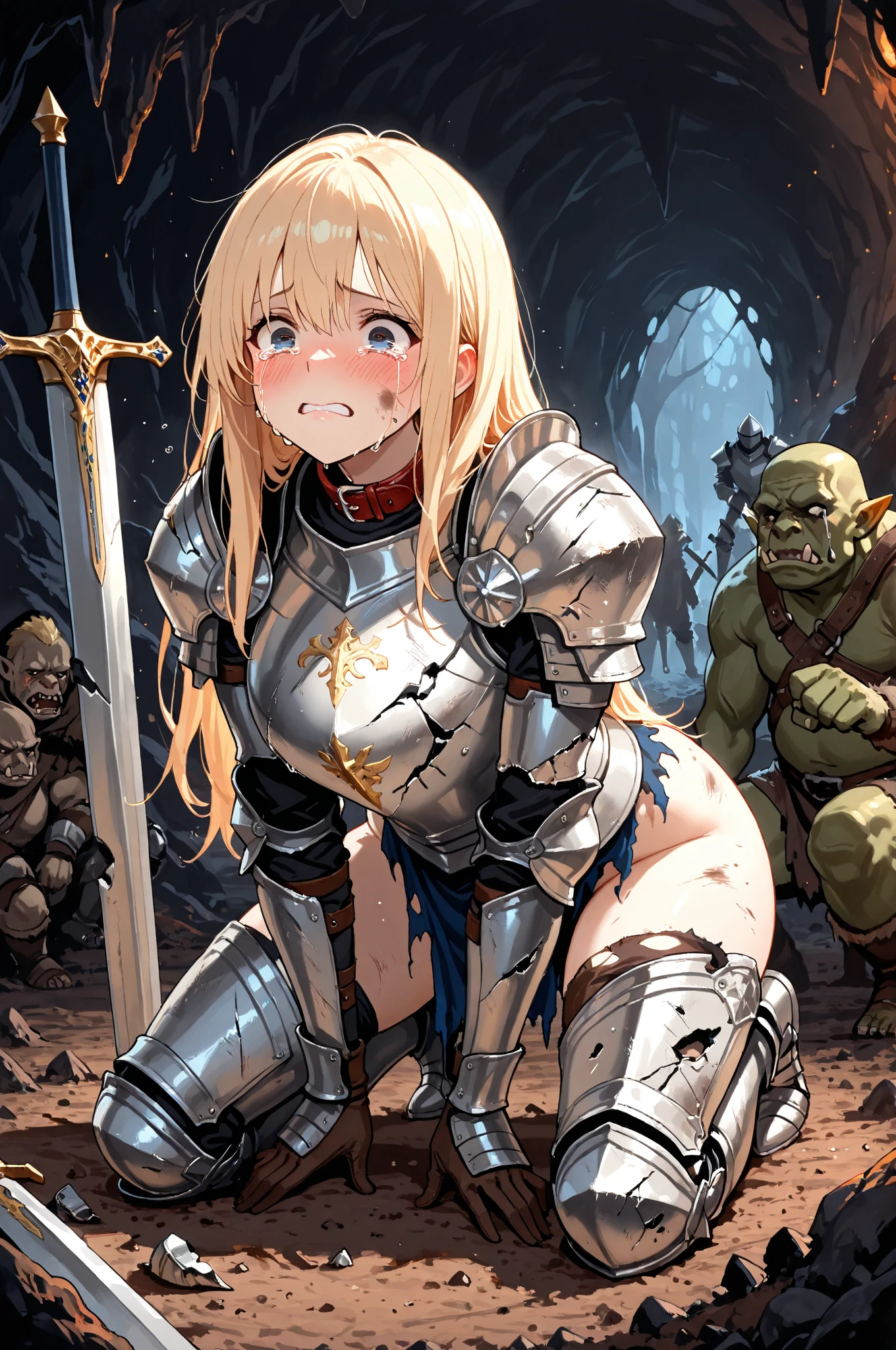 female knight armor Beautiful breasts Torn white miniskirt Torn white tights battlefield In combat Holding back tears