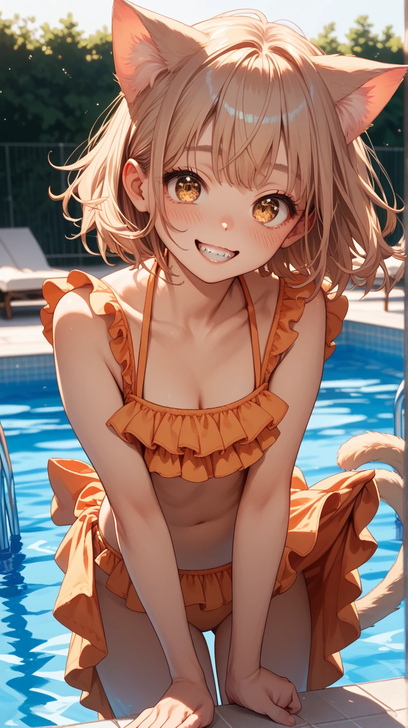 master-piece,hyper quality, hyper detailed,perfect drawing,1 Beautiful Girl、((Tiger print bikini))、Tiger ears、Tiger tail、Tiger palm、Tiger's paws、Tiger fingers、sharp claws、Sharp fangs、Black and blonde mesh、Sharp eyes、Height 177cm、MeasurementsB95W60H90、Happy smile、Frolicking、shores、sand beach、playing in the water、sunlight、beach、cute smile face、beatiful backgrounds、Accurate drawing、Detailed drawing