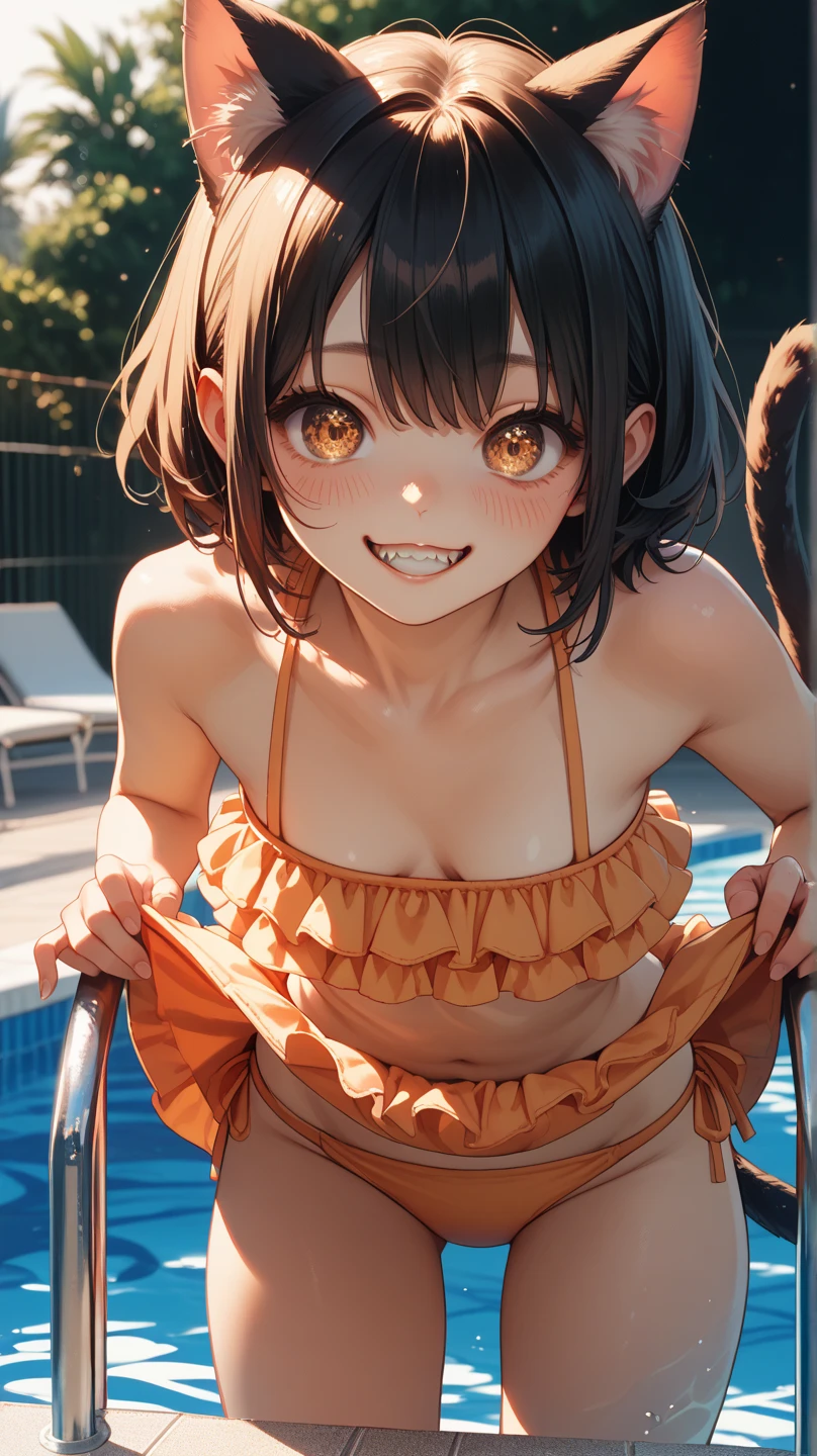 NSFW,masterpiece,Highest quality,High resolution,Super detailed,Nekone \(Utawarerumono\),Brown Hair、(Red Eye:1.3)、ribbon,Twin tails、ヘアribbon、Mole、目の下のMole,Small breasts,High-quality sexy swimsuit,beach,Palm tree,Rock Shade,Embarrassed,blush,(Seduce),(Strong-faced men),A man rubs my buttocks
