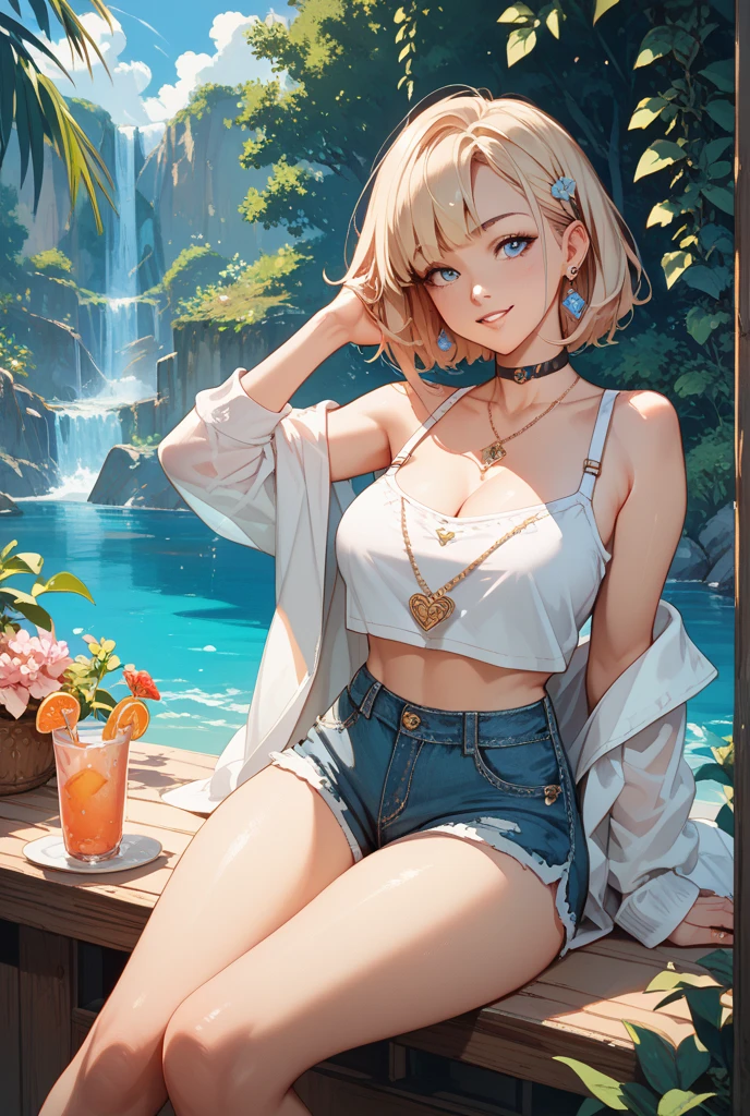 (masterpiece:1.2, best quality), 1girl, smirk, slim, slender, green eyes, sharp eyes, small_breasts, flat_chest, leaning forward, facing viewer, dress, wide-brimmed hat, strappy sandals, oversized sunglasses, simple hoop earrings, shell necklace, areola slip, down blouse, embarrassed, very short blonde hair, ^ ^, nature, yoga studios, serene spaces,