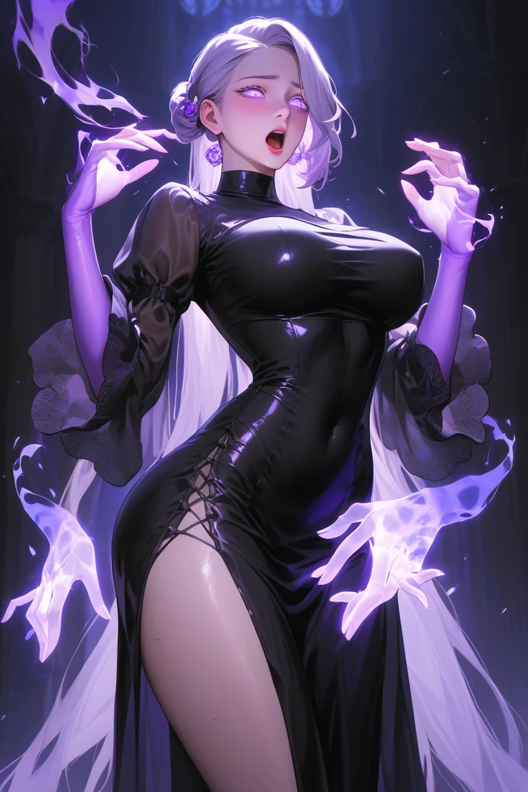 ((demon woman)) sitting in a chair and she is your mother and she has ultra mega hyper huge breasts and she has white hair and blue eyes and she has hashira clothes from Kimtsu no yaiba and fluids are coming out of her clothes from the part of her vagina Her excitement at seeing you and her clothes on the part of her vagina are getting wet from her fluid.  ((Too big breasts)) ((exaggeratedly large breasts)) (she has a purple mark in her vagina area)) ((ultra mega hyper mega giant breasts)). demon&#39;s eyes
