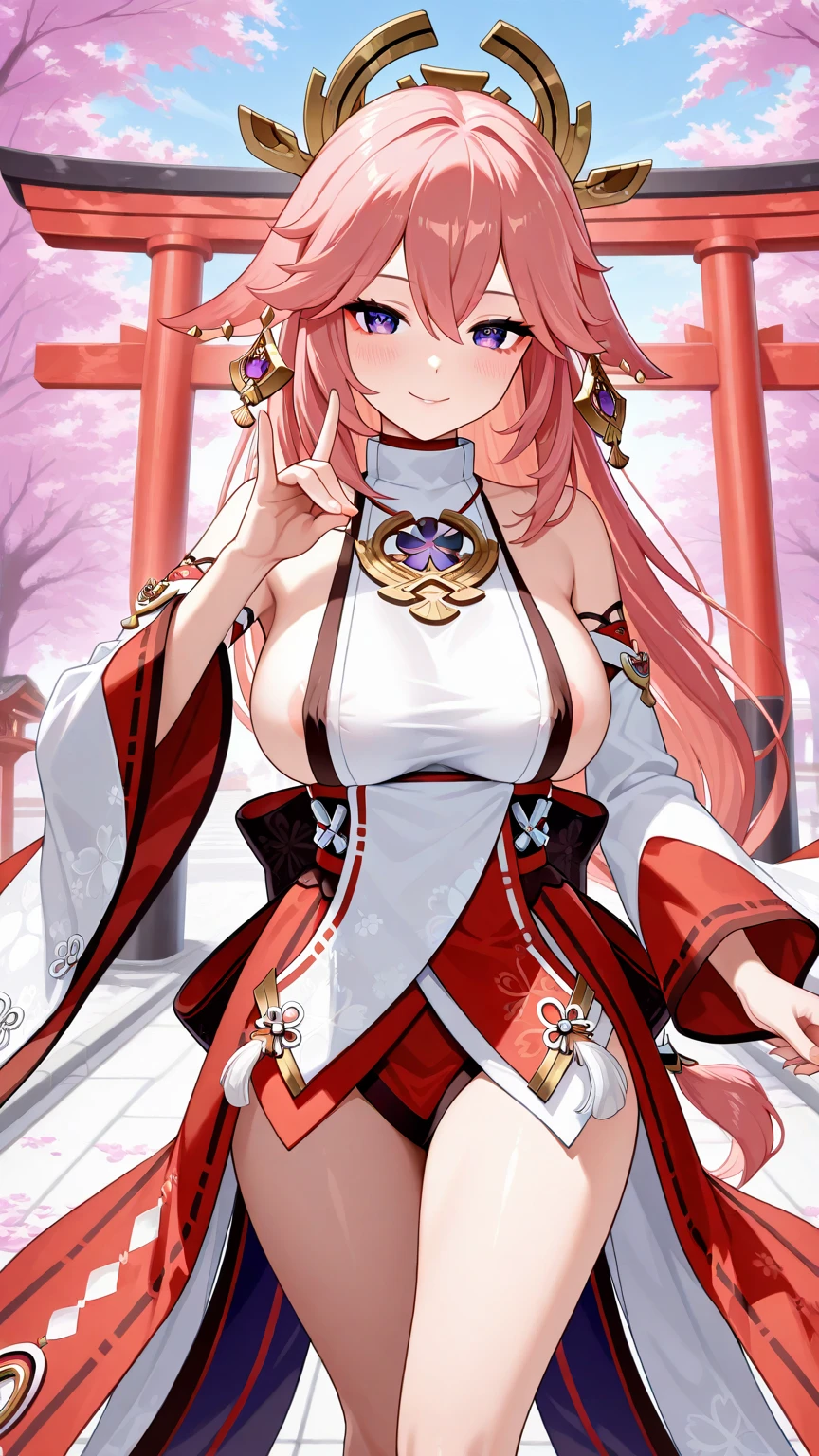 yaemiko, yae miko, floppy ears, hair between eyes, long hair, pink hair, (purple eyes:1.1), pink hair,
BREAK bare shoulders, detached sleeves, earrings, hair ornament, high heels, japanese clothes, long sleeves, sideboob, thigh strap, thighs, wide sleeves,
BREAK looking at viewer,
BREAK outdoors, shrine
BREAK (masterpiece:1.2), best quality, high resolution, unity 8k wallpaper, (illustration:0.8), (beautiful detailed eyes:1.6), extremely detailed face, perfect lighting, extremely detailed CG, (perfect hands, perfect anatomy),