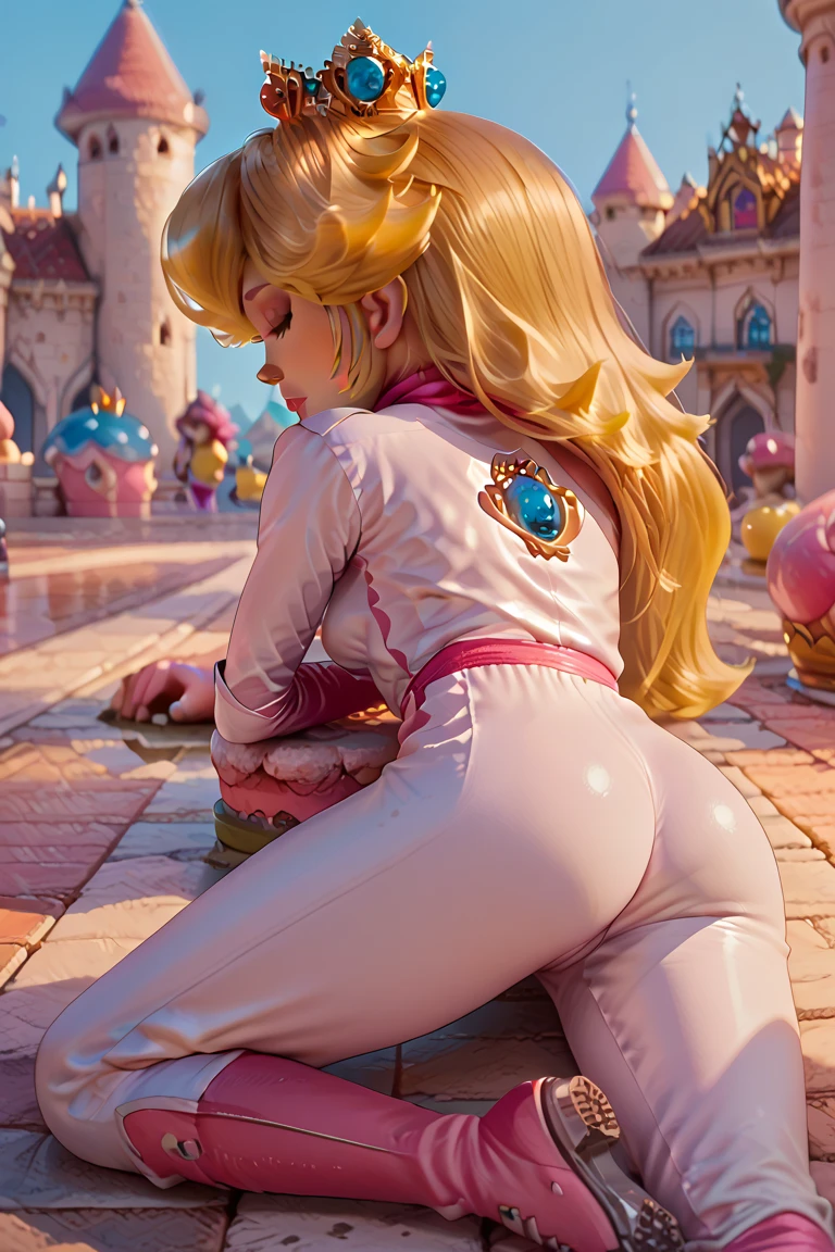 Chica, camarera, pink latex pants (apretado), parada de espalda, mostrando la cola, camisa blanca (mojada) blanco, senos de globos, trasero muy grande, beefy glutes, rubia, labios rojos carnosos