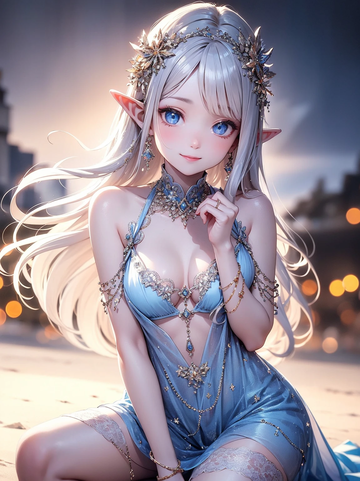 A jewel fairy with long silver hair is holding a large jewel. On her back are fairy wings. Her clothes and wings are made of jewels and her hair sparkles like a jewel. God々A beautiful face with a delicate and detailed background. A necklace with jewels around her neck, jewel earrings in her ears, jewel bracelets on her arms, pale green eyes, emerald jewels, a jewel tiara on her head.
