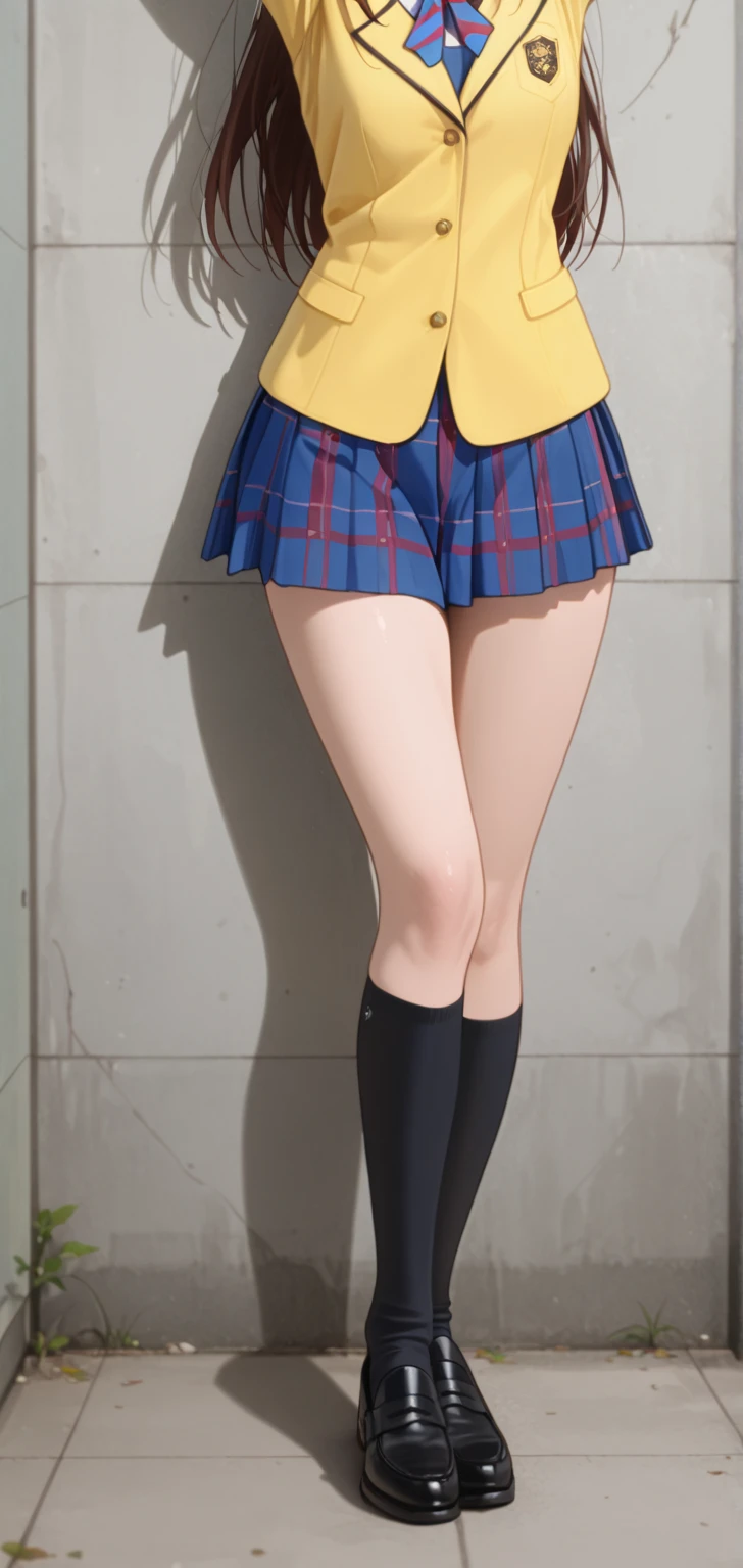 (masterpiece, best quality:1.2), Realistic, front shot, 1girl, kawaii, (super big breasts, micro waist, very long legs:1.4), Big Ass, Black hair, short bob hair, short height, scrawny and thin body, Light Skin, cute big eyes, tiny slender cute face, Tight school blazer, miniskirt, pigeon-toed, wet and sweaty, V sign, Trembling