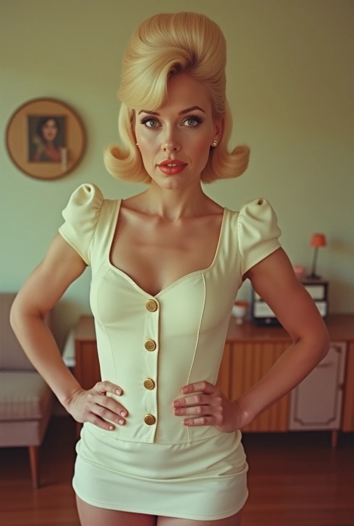 Year 1954. A beautiful 15yo blonde teenage  at the principal's office, bending over. Wearing a tight sleeveless turtleneck sweater, long 1950s poodle skirt, petticoats, dark silk stockings, high heels, necklace, short gloves and a belt. Her bullet bra is slightly visible beneath her sweater. Hourglass figure. Large bosom. Wasp waist. Large rear. Gorgeous face. Heavy makeup. 1950s hairstyle. Sweater girl. Corseted waist.