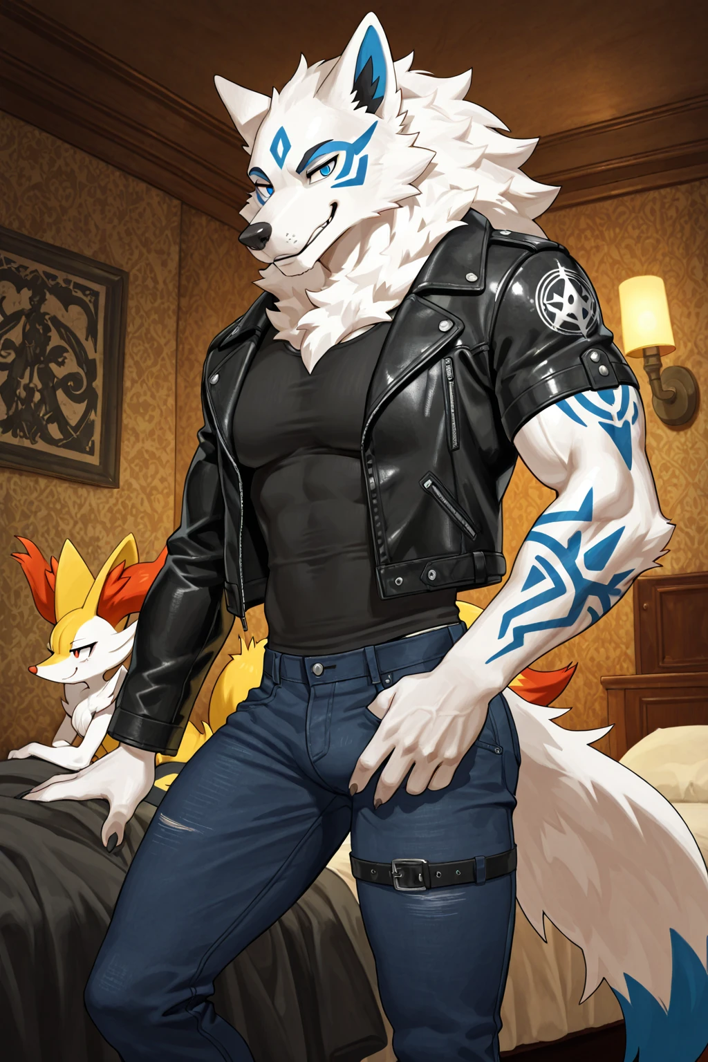 male:1.1, canin, renard :1.1, were , Muscle, Gros muscles, c big pectorals, mature male, hairs, jaune fur color, Green eyes, blissful, gentle, expression tendre,, queue renard visible,corps musclé et nu, penis and testicles visible, :1.1, tout le corps:1.1, by doooo2424, by doooo, on Kusunagi), (best quality:1.2, 4K, 8k, high resolution, head of'artwork:1.2), ultra-detailed, (realistic:1.37, photorealistic:1.37), HDR, uhd, studio d'lighting, Ultra fine paint, acuity, Physics-based rendering, fur color jaune, extremely detailed description, professionnel, couleurs vives, renard-human hybrid queue renard visible, force, pouvoir, bare penis and visible testicles