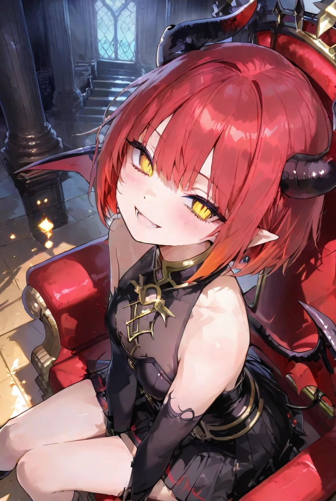 best quality, (masterpiece:1.2), illustration, absurdres,
(1girl, solo), (beautiful detailed girl), 
<lora:Altera-08:0.8>, Altera, very long hair, red hair, multicolored hair, yellow hairtips, twintails, pink eyes, tiny, petite, small, small breasts, succubus tail,
black bodysuit, (elbow gloves:1.1), red skirt, translucent skirt, black gloves, black thighhighs, black boots,
(smug:1.2), evil grin, looking at viewer,
((virtual, hacker, hacking, matrix, floating cubes))
(sitting, crossed legs),
