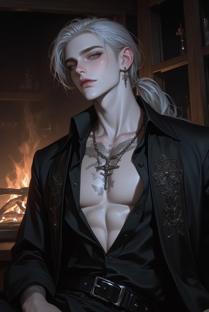 a pale-skinned, livid, handsome, attractive, slender vampire man, short platinum blonde hair, with reddish eyes, vintage half-moon glasses, muscular torso, with a black overcoat with silver lace, black leather pants, against the background of a red moonlit night