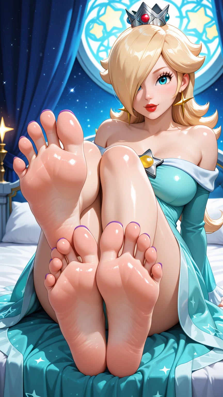 (((Blonde stunning hair))), (blue eyes), blue necklace, Golden earrings, Fit, Gorgeous Body, gorgeous, brown eyebrows, (two moles over lip), big pupils, (23 years old), 1girl,solo, complex skin, warm light, (large breasts), wide thighs, round butt, 5 fingers, ((blushing)), ((detailed face, best quality)), ((masterpiece)), ((ultra-detailed)), (beautiful detailed eyes), red lip, eyeshadow, beautiful face, long hair, very detailed eyes, intricate details in eyes, perfect lips, good lighting, ((wearing pink short latex skirt and hot top)), (masterpiece:1.2, best quality), (real picture, intricate details), 1lady, solo, upper body, showing feet, feet, school, pink bedroom, girly bedroom, long hair, detailed face, mean smirk, evil face, mean girl, evil girl, mean expression, evil smile, big plump breasts, big ass, showing soles, showing feet, feet, correct foot anatomy, (foot), (feet), (showing feet), (five toes each foot)