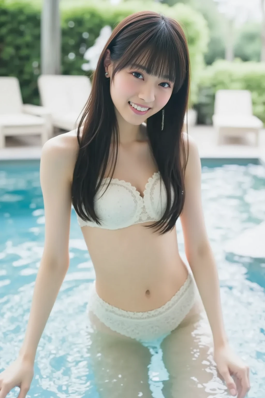 ((Best Quality)), ((masutepiece)), Real Japanese beautiful high school girl、poneyTail、beautiful thigh、Bust 83cm、Muchimuchi、in poolside、Inter-strands、undergarment