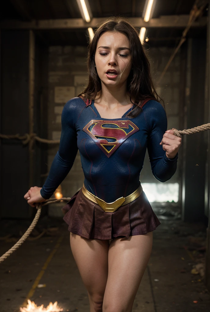 1 Supergirl vs. 1boy, 1 girl kneeling in front of the boy, from the image above, POV, Focus sur Girl in Action, bombement, sous renflement, Splendide fille tenant un renflement, caught, regardant le spectateur les yeux mi-clos, Detailed green eyes, rougir, very embarrassed, bouche ouverte