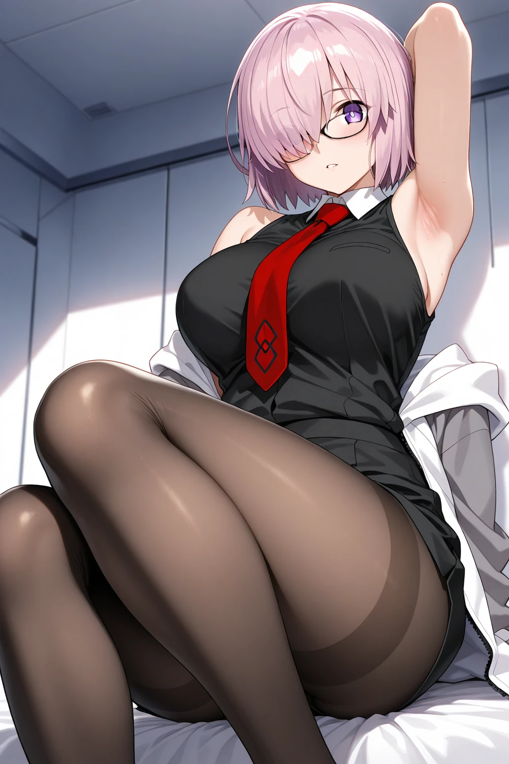 NSFW,masterpiece,Highest quality,High resolution,Very detailed,Mash Kyrielight\(Fate/grandorder\),short hair,Purple Eyes,Pink Hair,(Hair over one eye:1.2),Glasses,Collared shirt,(White collar:1.1),Black Shirt,tie,赤いtie,Sleeveless,Off the shoulder,mini skirt,Black Skirt,(Black Pantyhose:1.2),Nightlife,cyber punk,Love Hotel,Lustful face,Excited face,Embarrassed,(Prostitute),Prone,Lift your butt,From the back,Seduce,look back,Spread your legs,Love juice drips