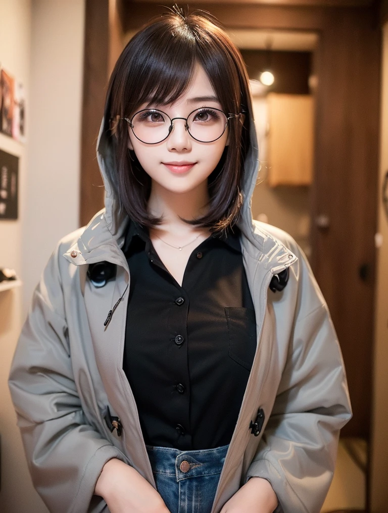 cowboy  shot、((Beauty like a model)), ​masterpiece, The highest image quality, ultra-detailliert,  ((Perfect face+Brown hair)), Close up of, Short bob hair,Wolfcut,Viewer's Perspective, detailed hairs、Detailed eyes(realisticeyes),profetional lighting,middlebreasts,(Brown eyes),(Big Black Hoodie),(slenderbody:1.2),adult lady,About 15 years old,glamor,kindly smile,Half Girl,Lashes,二重まぶた,Black 7-Minute Sleeve Shirt,Black square glasses ,