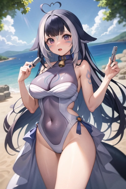 A beautiful woman with long hair is standing in a white bikini with a hostile gaze。