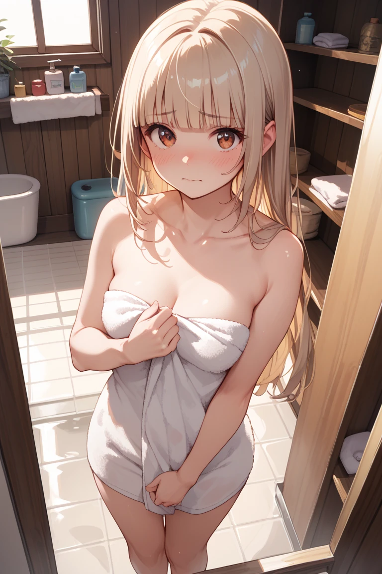 Girl with small breasts, short, elementary school student, blonde, long hair down to the waist, green eyes, fishy eyes, shy, shy, in the bath, in the bathroom, in the bath naked I'm short, I have a young face, I'm short, there's a boy next to me, I'm embarrassed to see a boy naked