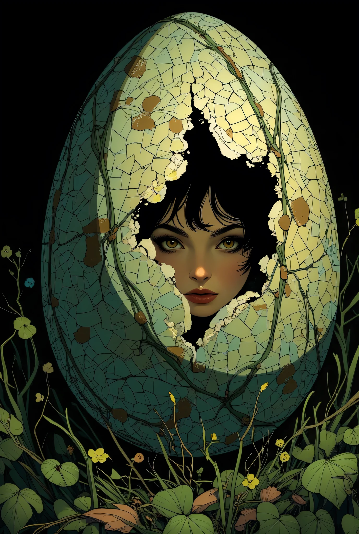 large egg shell with a mosaic pattern、there is a slight gap in the egg shell、a beautiful girl looking down from there is watching the viewer、dark expression、Lonely、worries、fear、negative emotion、Negative egg、Dark Background、 Terada Katsuya style、real style、Vine、Grass、