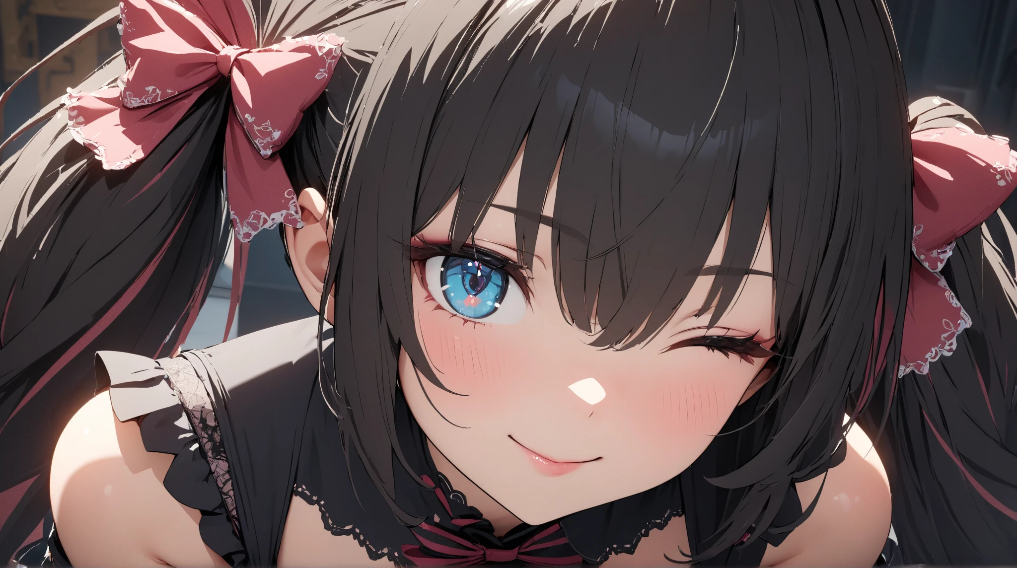 Hands behind back,Tied with hands behind back,looking at viewer,looking up,from above,upper body,1girl,lick,Beautiful 14 year old girl,Japanese,Slender,,low length,Small breasts,Baby Face,Small face,Black Hair,one side up,Gray Eyes,slit pupils,Drooping eyes,middle School girls,Sheer black and pink negligee,lingerie,first round,open mouth,tongue out,front face,Straight Stand,Beautiful and detailed anime art,Mischievous smile,Sexy vibe,cum on tongue,Dimly lit room,Simple Background,Gray background,Low lighting