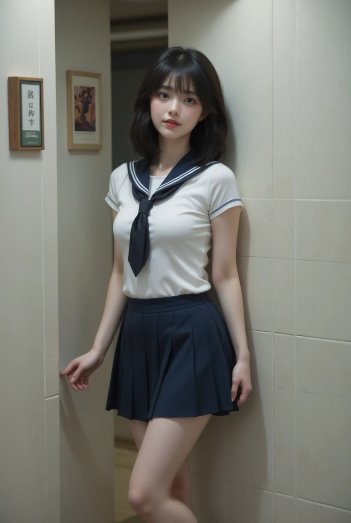 (masterpiece:1.2), Very detailed, Ultra-high resolution, (Realistic, photo Realistic:1.6), High-resolution RAW color photos, Professional photos, Sharp focus:1.2, (Very detailed顔と肌の質感, Very beautiful eyes, Glossのある肌, Glowing Skin, Glowing Skin, Shining Face, Gloss, Oily skin, greasy face, Oily skin, greasy face,),, (real Glossのある肌 texture), Perfect Anatomy, Very detailed背景,(shower room),((1 female)),25-year-old woman, Japanese women,height: 168cm,(short hair, Straight hair, bangs, Brown Hair),(Flat Chest:1.6),(Wet in the shower:1.3),(Slim, thin legs), ((((Short Sleeve White Sailor School Uni形状、Navy blue pleated skirt:1.5)))