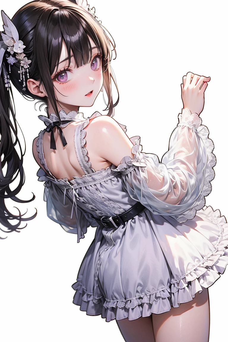 Woman in maid clothes, Solo, Suck on the vibrator Romantic dress, print, Dresses blown in the wind, Dress up, thin waist, light half opened dress, Soft silk fabric, Thin, Camel toe, Exposed illustration, Elegant, flowy, Summer, No shoulder straps