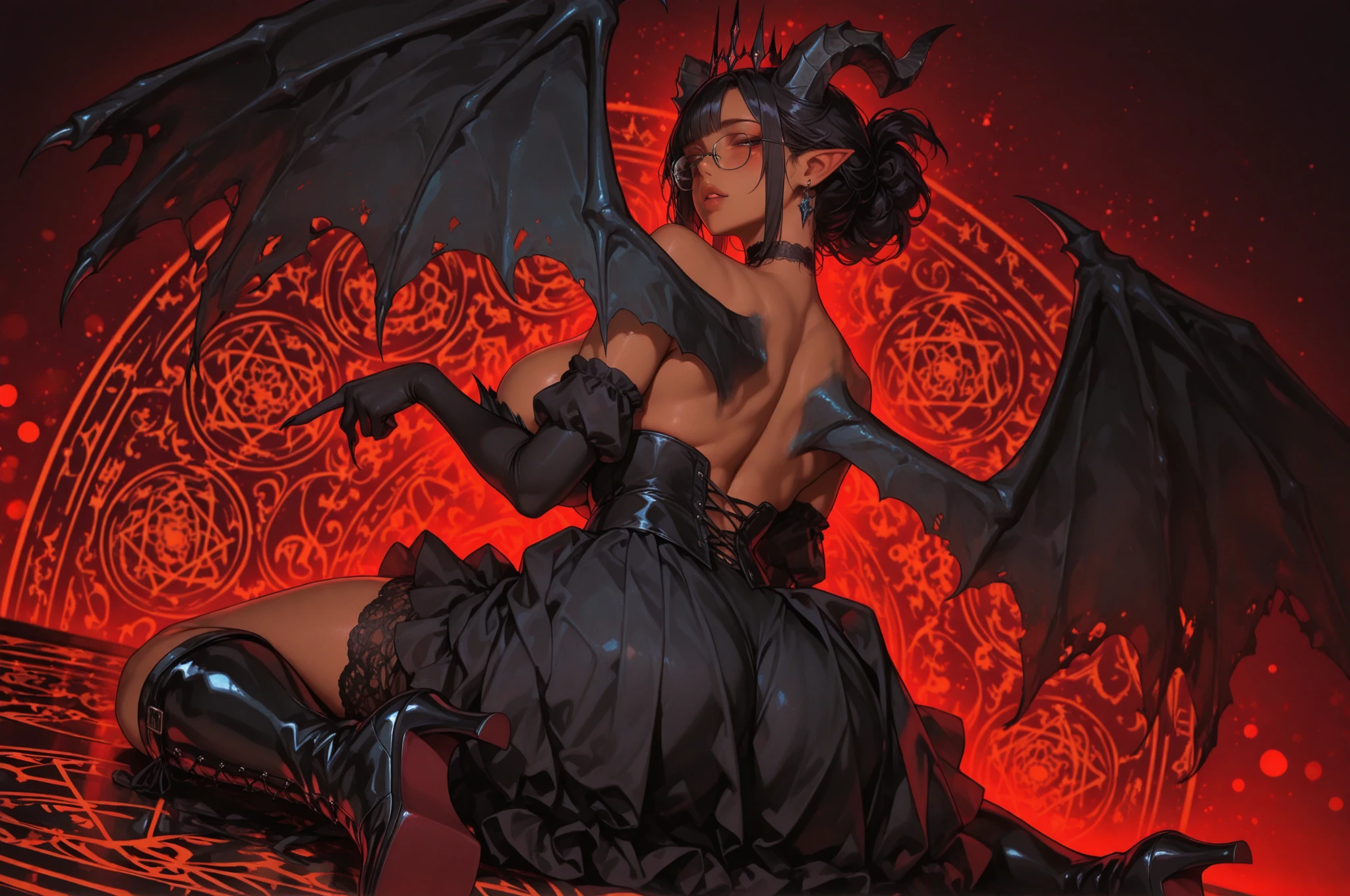 from behind, (masterpiece, best_quality, ultra-detailed, immaculate:1.3), epic, illustration, 1girl, (demonic, infernal:1.25), (full body:1), ponytail, horns, from the side, scaled skindim lighting, vampyr, claws, (dark skin:1.3), (in the sulfer flats:1.2), own hands clasped, in a tiny, glowing greenhouse, bombshell hair, green hair, ahoge,Ombre Hair, bent over<lora:EnvyBeautyMix39:1>