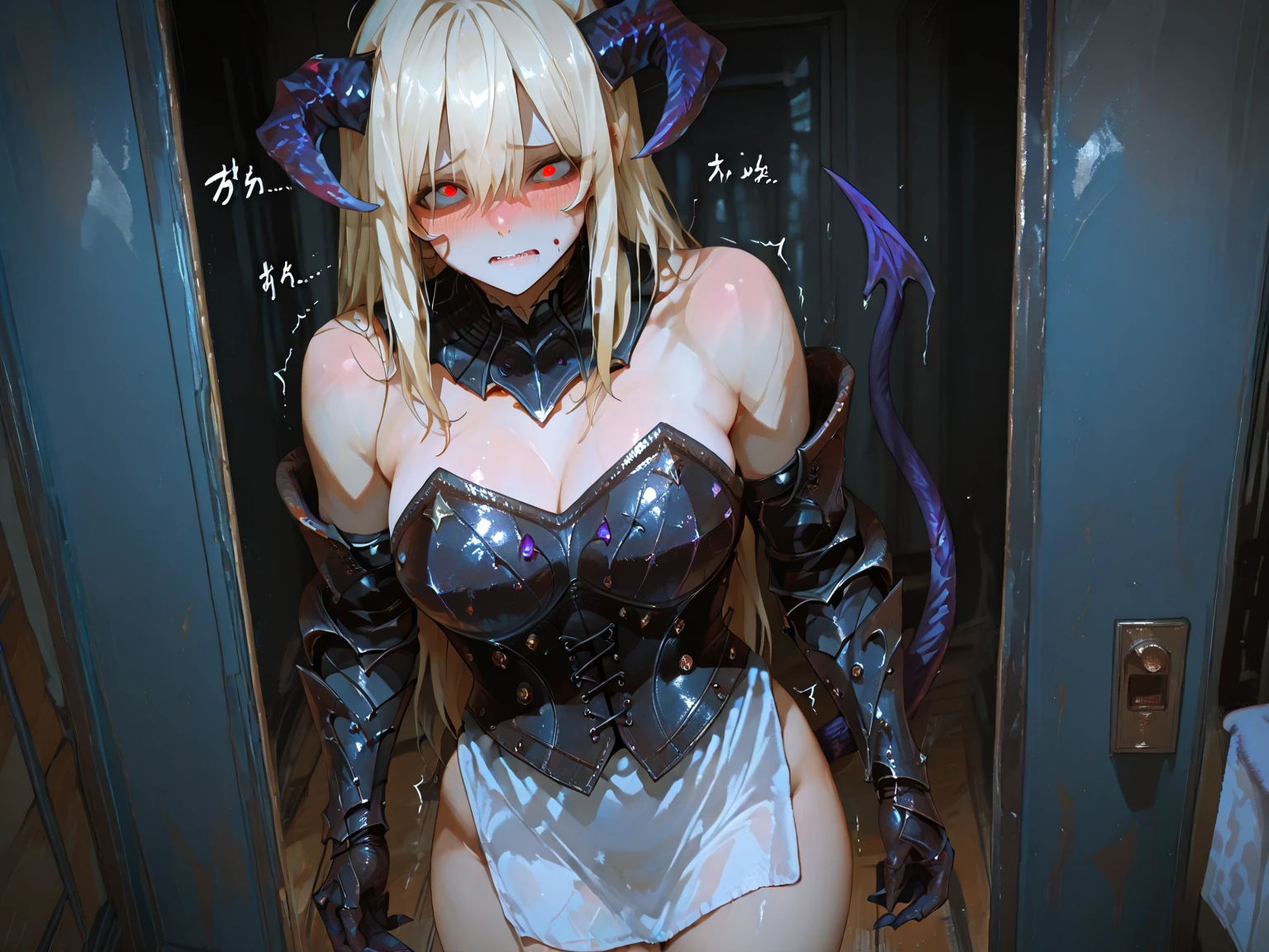 ((Highest quality)), ((masterpiece)), (detailed), （Perfect Face）、The woman is naked and wearing a shiny black full-body bodysuit decorated with gold, the sexy female demon Devil Queen Yuuki Asuna、The woman is a female demon with magnificent devil horns, jet black devil wings and a jet black tail. She is looking at the camera with a happy expression, a demon named Yuuki Asuna, with brown medium long hair and the expression of a girl in love.、The woman is Yuuki Asuna