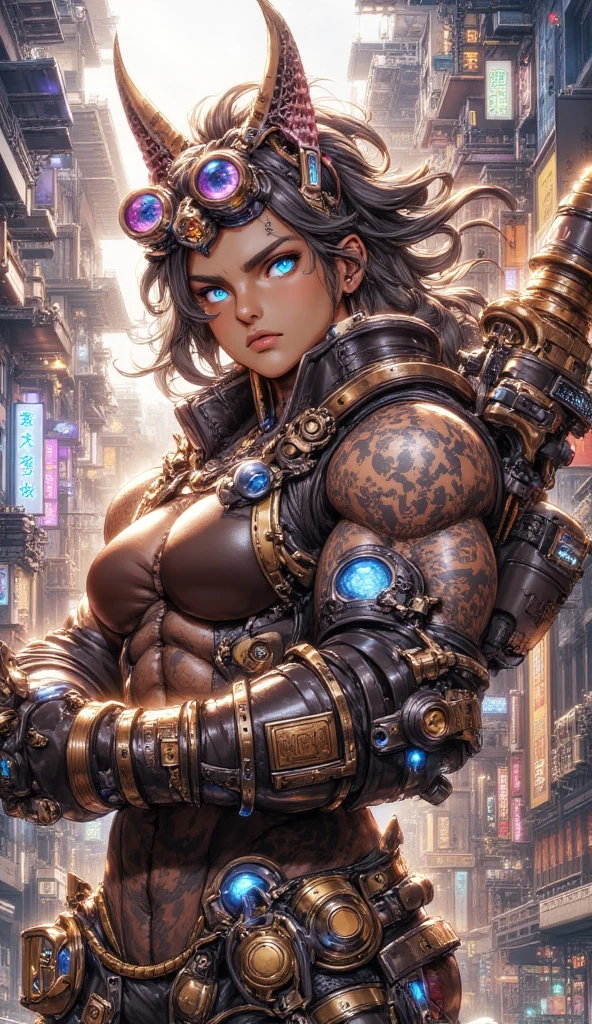 The most beautiful and sexy post apocalyptic steampunk girl, black hair, yellow eyes, wearing highly detailed steampunk tactical gear, huge gigantic tits, cleavage showing, tons of tattoos and piercings, metal fragments blowing in the wind, post apocalyptic wasteland, highly detailed background, perfect masterpiece, high quality, high resolution