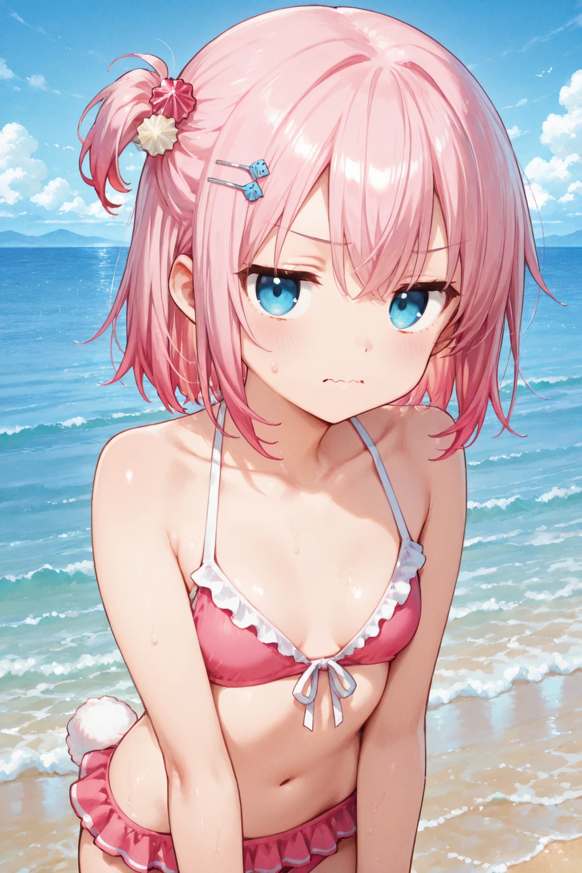 masterpiece, best quality, 1 girl, solo,6 years old, small breasts,Primary school students, Perfect Face, beautiful, nice, anime, girl, tradition, ph Bronya, pink lace bikini, Earrings, medium length hair, beach,