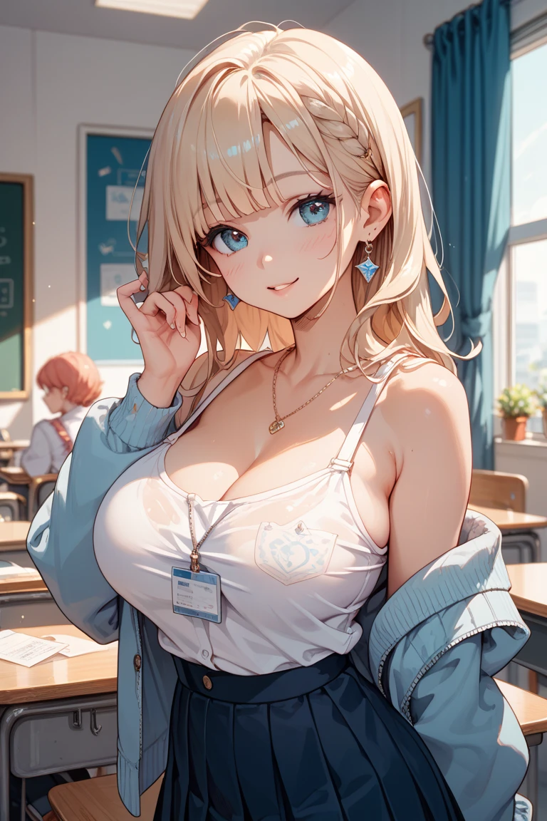 (curvy), Toned, Highest quality, Super detailed, masterpiece, Ultra-high resolution, 8K, Ridiculous, Cowboy Shooting, Blurred, Focus on the girl, Embarrassing, blush, Lovely, Open your mouth, What saliva leaves behind, (white tanktop), (micro mini skirt), Wet skirt hem, (Sticky panties:1.1), (cleavage), (cleavage), Classroom Background, The skirt is accidentally exposed,1girl, little cocon \(umamusume\), umamusume, (large breasts), (crop top navel), (waist line), Accidentally exposed panties